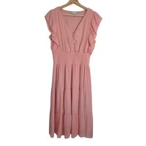 J. Gee Ruffle Sleeve Pink Tiered Coquette Cottagecore Midi Dress LARGE PETITE